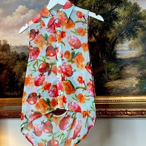 MILLAU Silk Fruit Print Open Back Blouse Red Orange and Teal Blue size XS